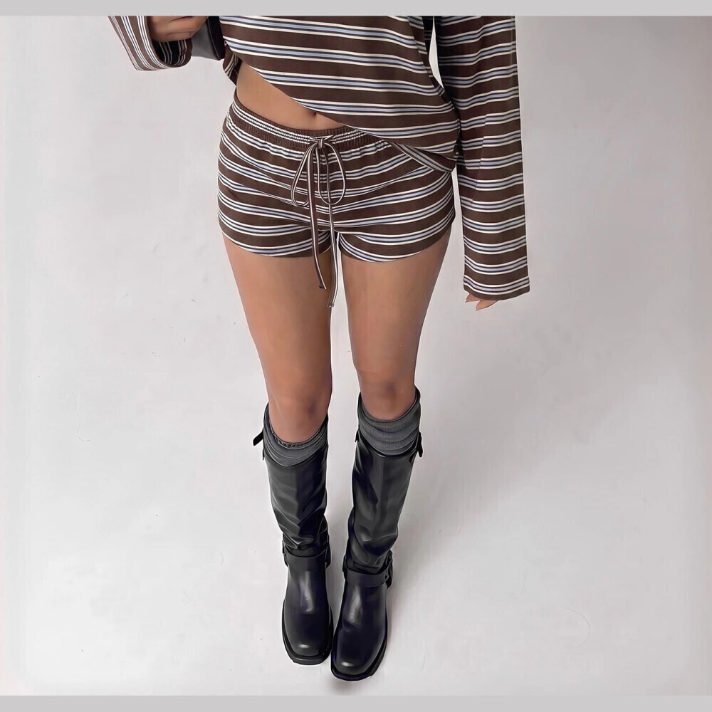 Brown Blue Striped Long Sleeve Crop Top and Drawstring Mini Shorts Set